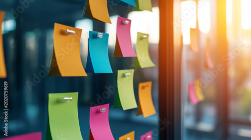Colorful Sticky Notes on Glass Wall with Sunlight: Creative Office Planning and Brainstorming Concept in Modern Workspace