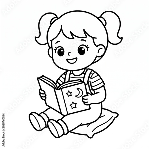 Cute Little Girl Reading Book Vector Illustration