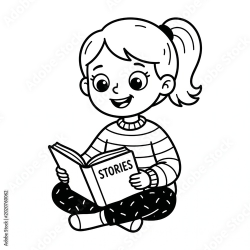 Cute Little Girl Reading Book Vector Illustration