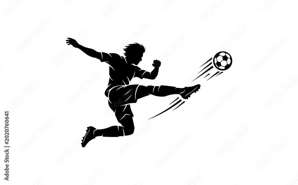 Fototapeta premium Dynamic silhouette of a soccer goalkeeper in mid air dive making a save against a plain white background emphasizing athleticism agility and sports action