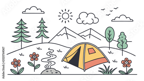 Vector illustration of a cozy camping scene with a yellow tent campfire mountains pine trees under sun