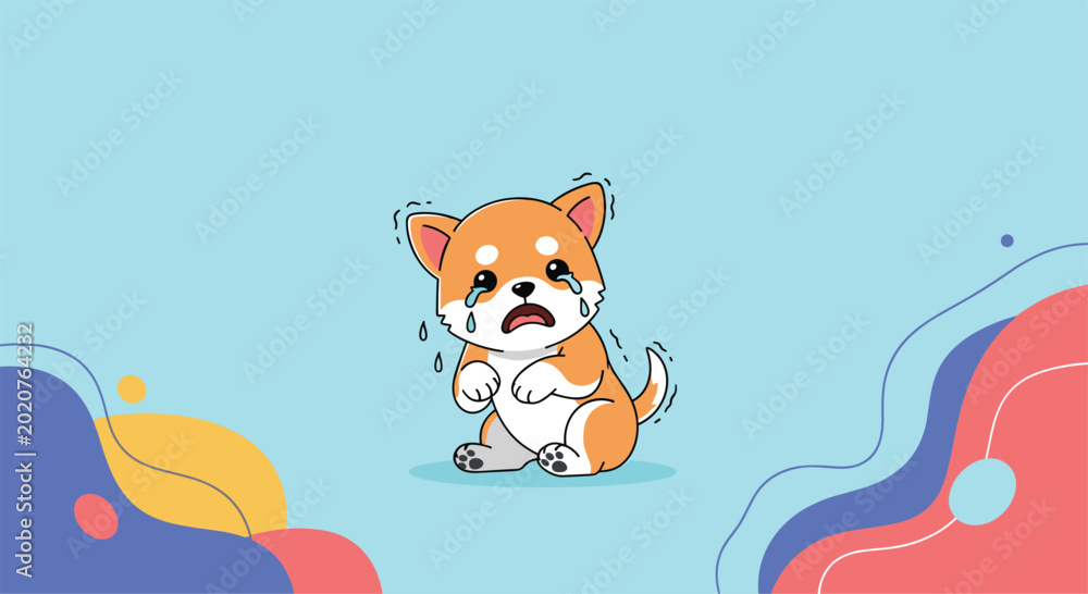 Naklejka premium Adorable shiba inu puppy sits shivering and crying with large tears against a vibrant and colorful abstract background.
