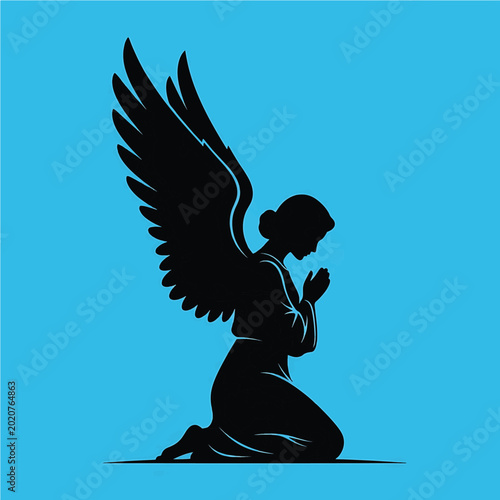 Angel Kneeling in Prayer silhouette with wings on turquoise backdrop