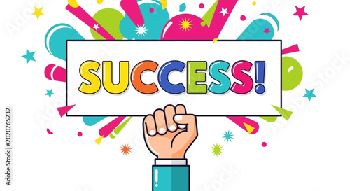 Foto Hand Holding Success Sign with Confetti and Party Streamers - Celebration Concep