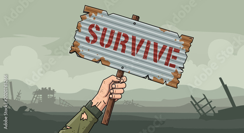 Tableau sur toile Hand Holding Survive Sign in Post-Apocalyptic Wasteland