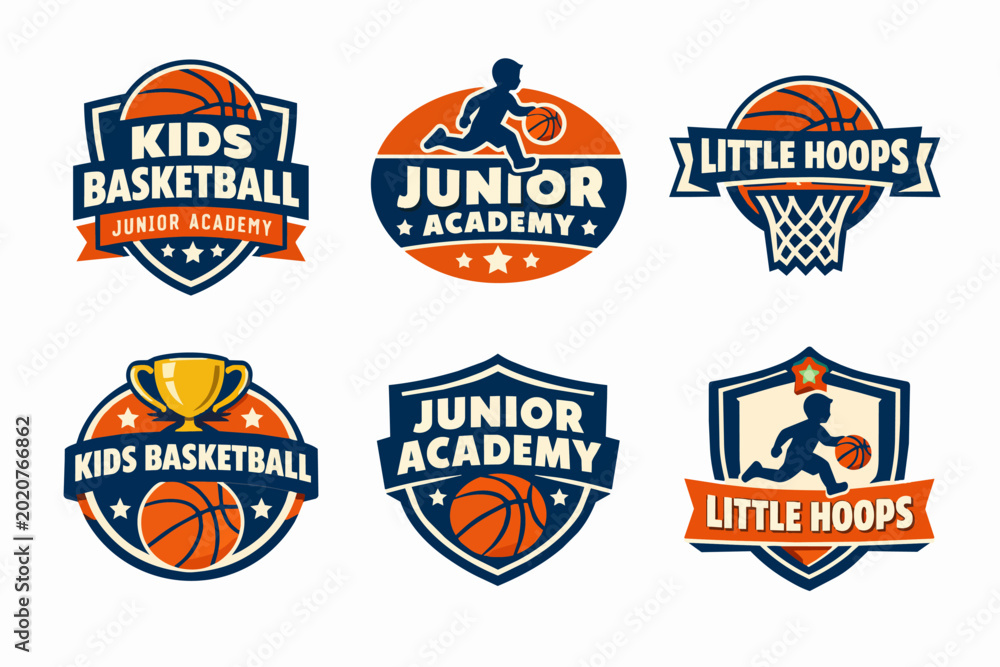 Naklejka premium Kids basketball junior academy and little hoops logo set for youth sport