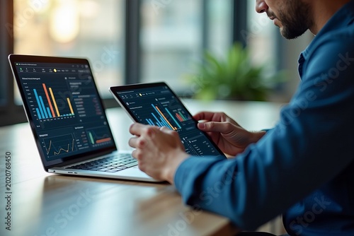 Focused KPI Data Analyst Analyzing Data on Digital Dashboard with Laptop and Tablet