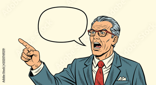 Senior businessman wearing glasses and a suit pointing his finger and shouting with a speech bubble for text against a plain background.