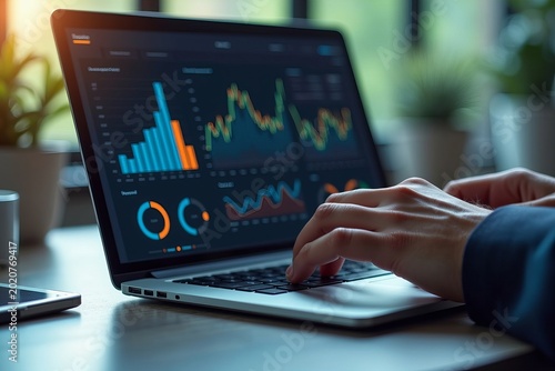 An in-depth look at a businessman analyzing data on his laptop, highlighting KPIs, dashboards, and market trends.