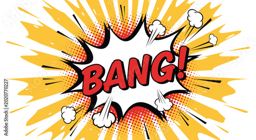 Loud bang explosion bubble with yellow rays and comic style text bursts across a white background with energy.