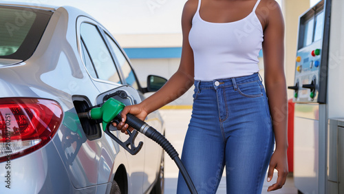 Bild auf Leinwand woman in gas station,
Woman refilling silver sedan with gasoline