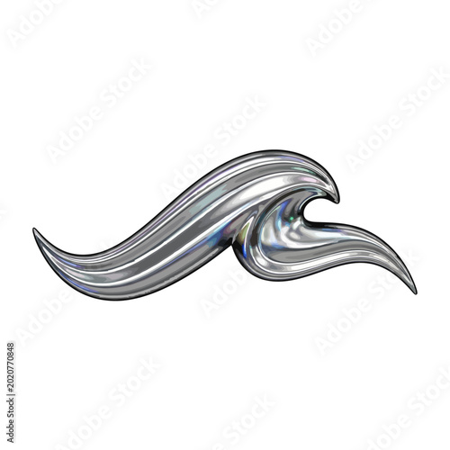 3D liquid metal wave icon with iridescent chrome texture