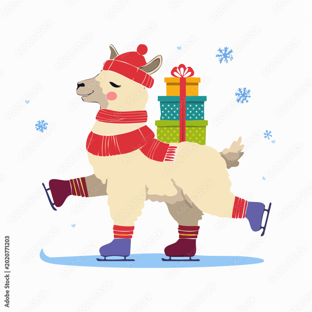 Naklejka premium Cute Llama Ice Skating with Gifts