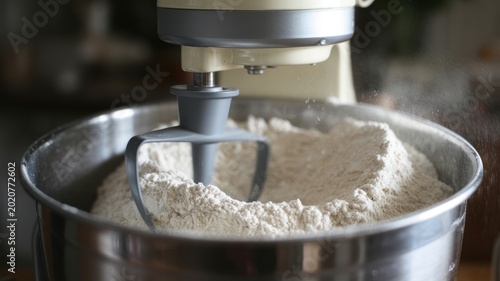 Electric stand mixer mixing white flour in a stainless steel bowl