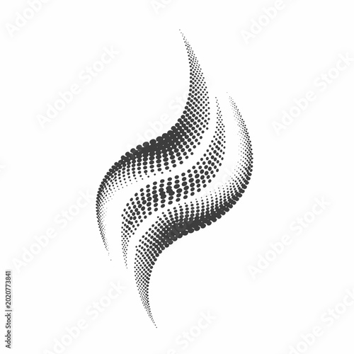 Abstract black halftone dotted wave shape on white background