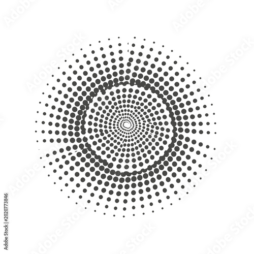 Abstract black halftone spiral pattern on white background