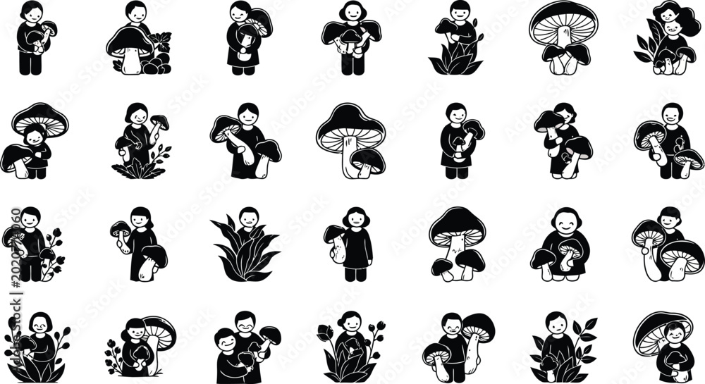 Naklejka premium Black and white set of cartoon children with mushrooms and plants kids