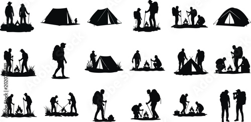 Black silhouettes of people camping, setting up tents, and hiking