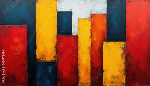 Panel kuchenny z motywem Abstract rectangular shapes in bold red yellow blue and white fill canvas. Textured art evokes modern urban cityscape or interior decor. Modern abstract art graphic.