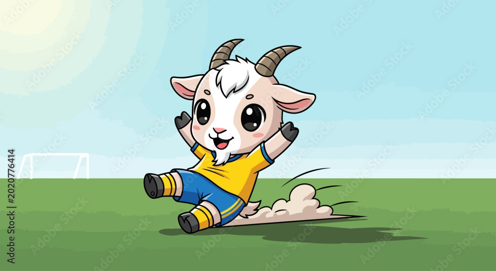 Εκτύπωση καμβά Adorable cartoon goat character in a yellow shirt and blue shorts happily playing