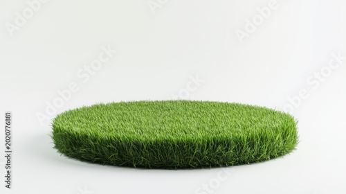 Round green grass platform or lawn isolated on a white background for product presentation. Copy space