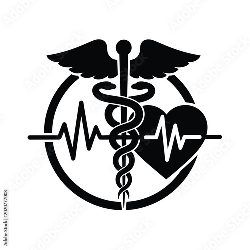 Obraz na płótnie Medical caduceus symbol vector silhouette illustration heartbeat line art health care