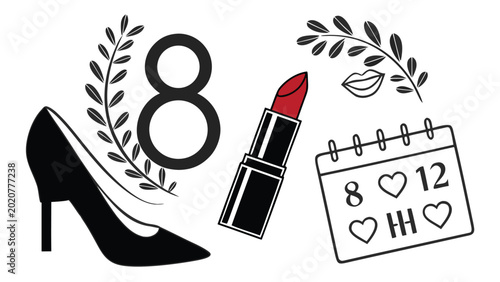 Vector illustration of womens day symbols including high heel shoe lipstick calendar leaf wreath and lips icon