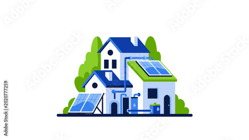 Sustainable Green Energy Houses with Solar Panels and Water Conservation Systems. Flat Vector Illustration of Eco-Friendly Architecture and Renewable Technology.