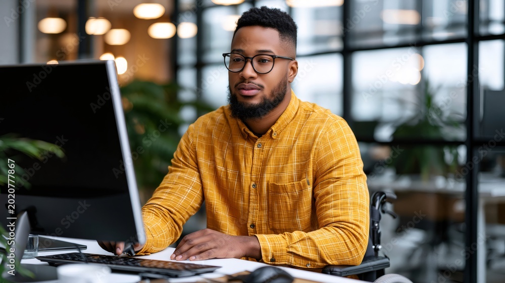 Obraz premium Black man working at computer in office