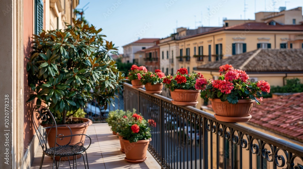 Naklejka premium Balcony view with red geraniums overlooking italian town