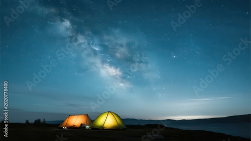 In a forest campsite at night, several tents glowing with warm light under the starry sky convey the tranquility and romance of outdoor camping.