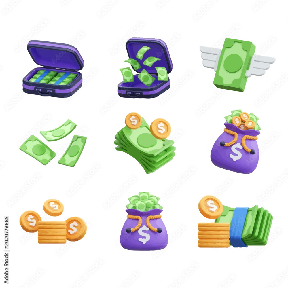 Fototapeta premium 3D Money and Finance Icon Set with Cash, Coins, and Money Bags
