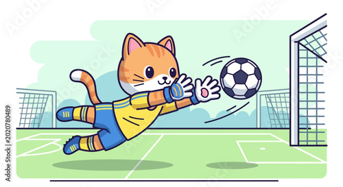 Schilderij op canvas Cute cartoon cat goalkeeper diving to save a soccer ball.