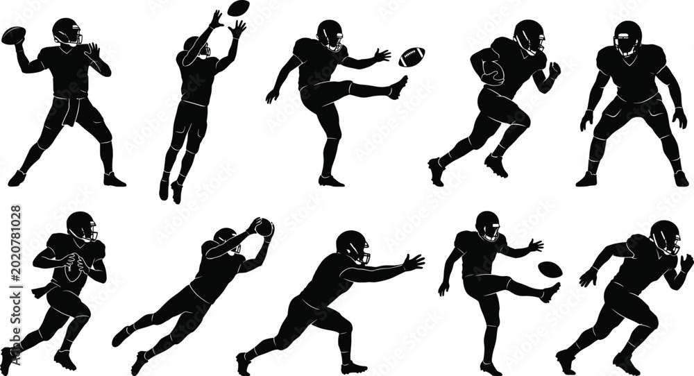Εκτύπωση καμβά American football player silhouettes, quarterback throwing ball, kicker punting, receiver catching, running back sprinting, sports action collection, athletic competition, football game