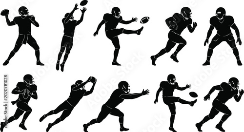 Obraz na płótnie American football player silhouettes, quarterback throwing ball, kicker punting, receiver catching, running back sprinting, sports action collection, athletic competition, football game