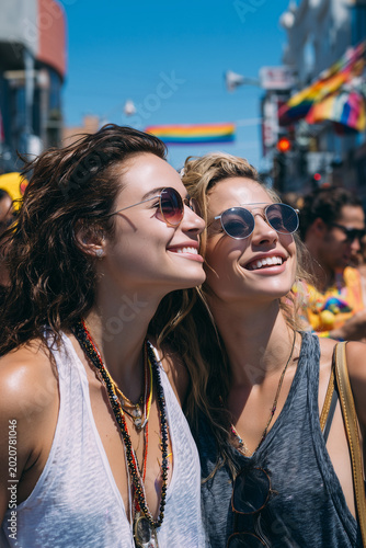 Lesbian Couple Enjoying LGBTQ Pride Parade Together Wearing Sunglasses During Vibrant Summer Festival Celebration Downtown