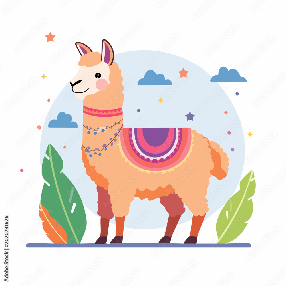 Fototapeta premium Cute Cartoon Llama with Colorful Blanket and Stars