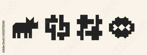 Bild auf Leinwand Set of black minimalist pixel art icons featuring a rhinoceros and abstract geom
