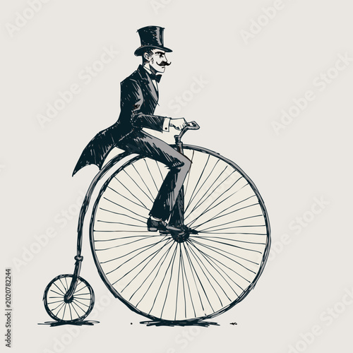 Bild auf Leinwand Elegant Victorian Gentleman Riding Penny Farthing Bicycle Blue Retro Vector Illustration