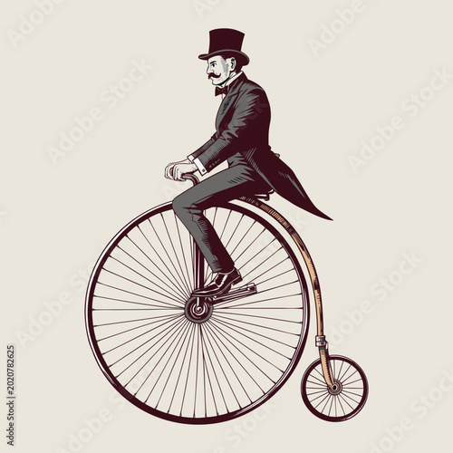 Bild auf Leinwand Vintage Gentleman Riding Penny Farthing Bicycle Retro Victorian Vector Illustration