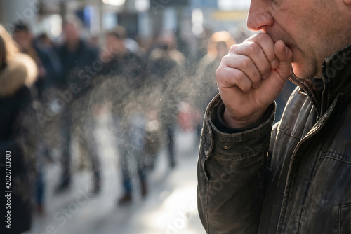 Man coughing in a crowded public street with visible respiratory droplets, highlighting the spread of germs and virus transmission in urban environments during flu season.