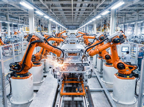 Advanced robotic automotive assembly line welding car bodies in a smart factory with industrial automation and AI-powered manufacturing.