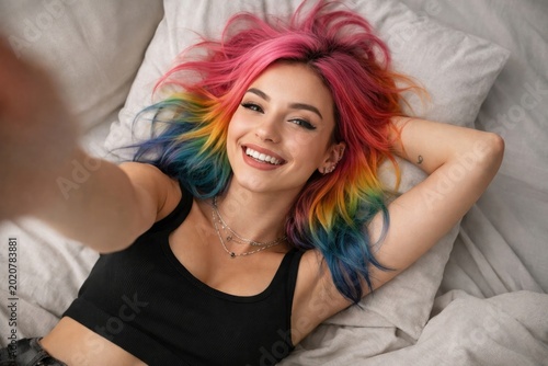 Vibrant hair  joyful expression  selfie.