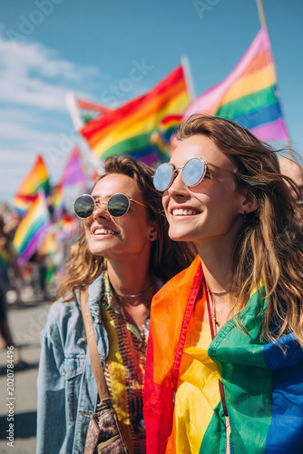 Lesbian Couple Wearing Sunglasses and Rainbow Flag During LGBTQ Pride Parade Celebration Under Bright Summer Sky