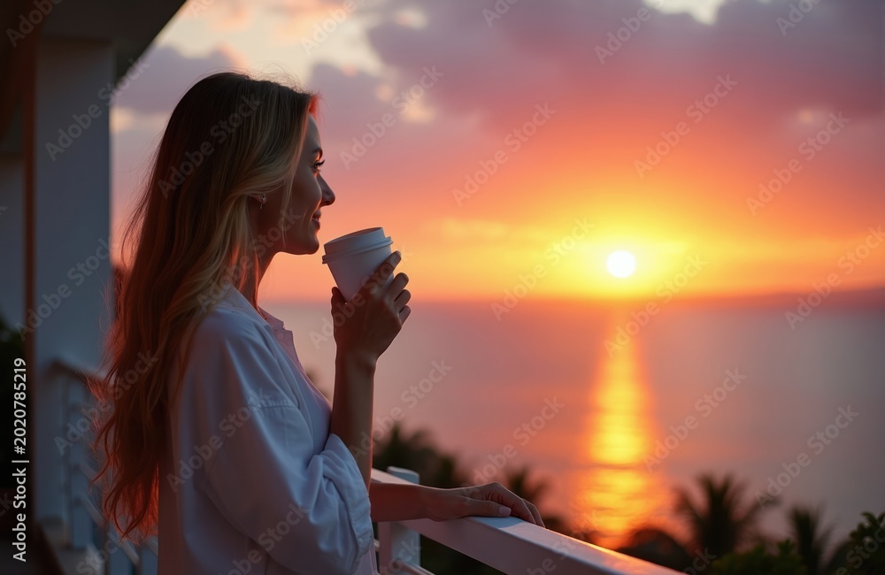 Fototapeta premium Young woman with blonde hair drinks coffee from cup on balcony at sea sunset. She enjoys warm drink and beautiful view. Relaxation and vacation vibes are palpable.