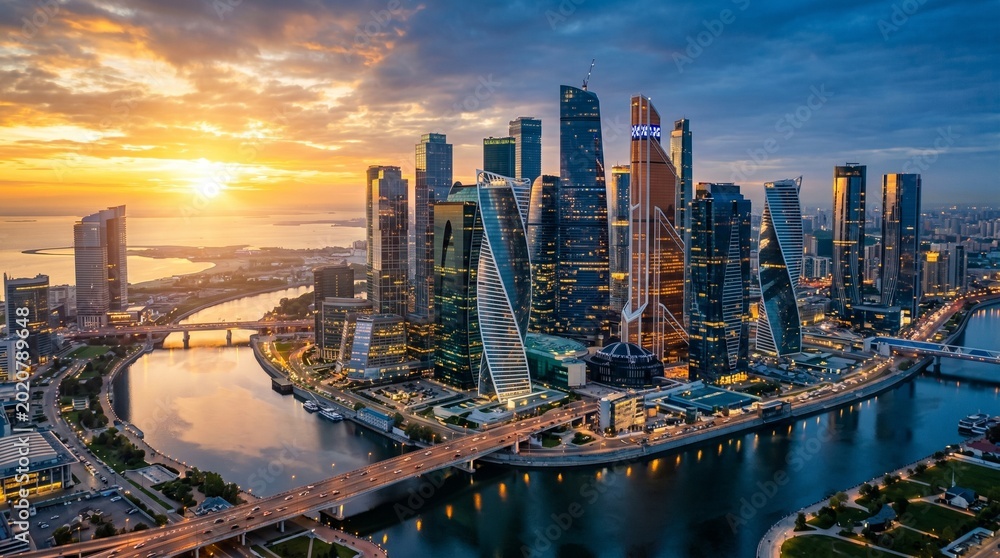 Obraz premium Modern city skyline with glass skyscrapers and river at sunset, aerial view of urban business district with orange golden hour light, corporate and real estate concept