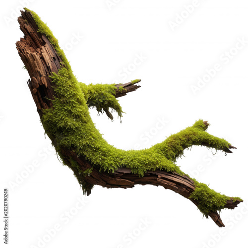 A piece of weathered, decaying tree branch covered in vibrant green moss, isolated against a solid black background