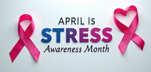 April is Stress Awareness Month banner with pink ribbons forming a heart and supporting a positive message about mental wellness and health.