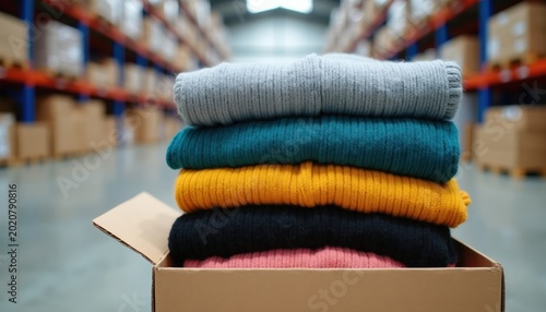 Stack of folded colorful sweaters in cardboard box within large warehouse interior. Ready for shipping and delivery from distribution center. Order fulfillment process for online retail.
