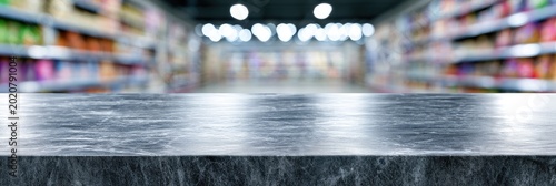 A marble surface in the foreground with a blurred supermarket aisle in the background